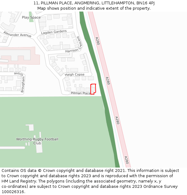 11, PILLMAN PLACE, ANGMERING, LITTLEHAMPTON, BN16 4PJ: Location map and indicative extent of plot