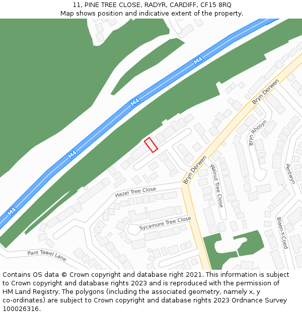 11, PINE TREE CLOSE, RADYR, CARDIFF, CF15 8RQ: Location map and indicative extent of plot