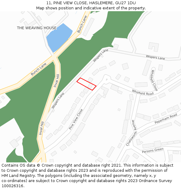 11, PINE VIEW CLOSE, HASLEMERE, GU27 1DU: Location map and indicative extent of plot