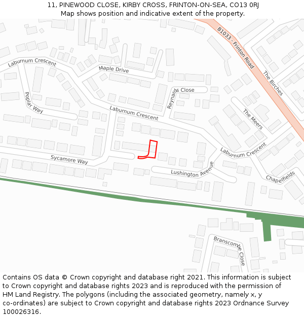 11, PINEWOOD CLOSE, KIRBY CROSS, FRINTON-ON-SEA, CO13 0RJ: Location map and indicative extent of plot