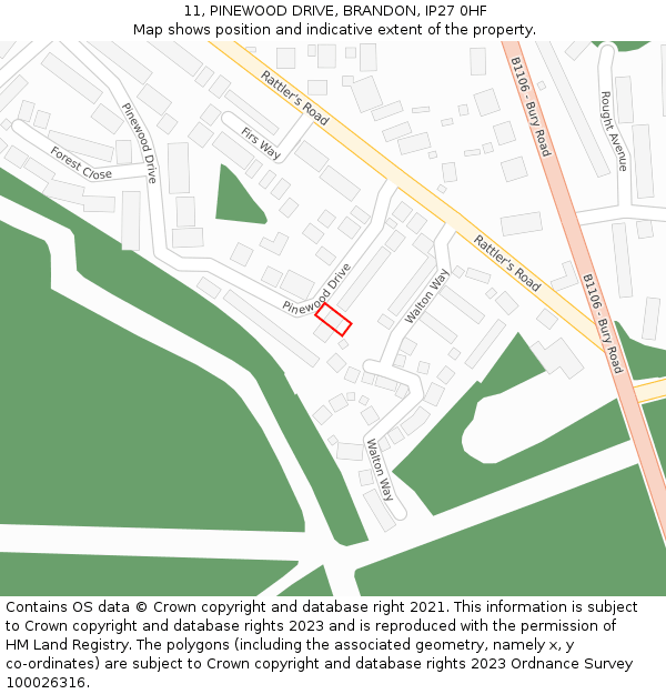 11, PINEWOOD DRIVE, BRANDON, IP27 0HF: Location map and indicative extent of plot