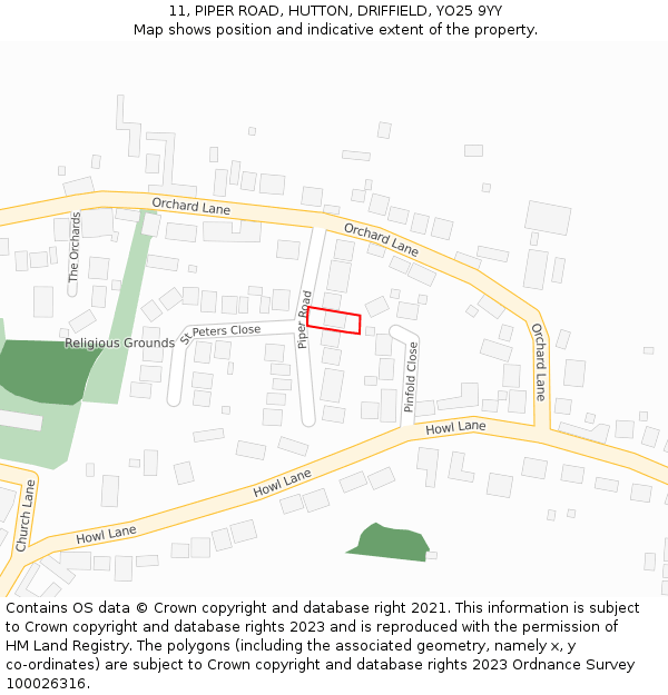 11, PIPER ROAD, HUTTON, DRIFFIELD, YO25 9YY: Location map and indicative extent of plot