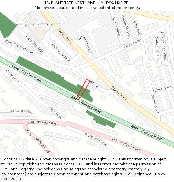 11, PLANE TREE NEST LANE, HALIFAX, HX2 7PL: Location map and indicative extent of plot