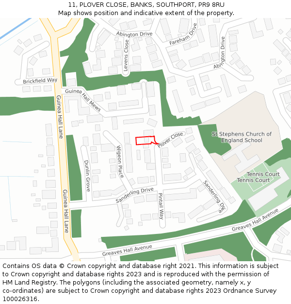 11, PLOVER CLOSE, BANKS, SOUTHPORT, PR9 8RU: Location map and indicative extent of plot