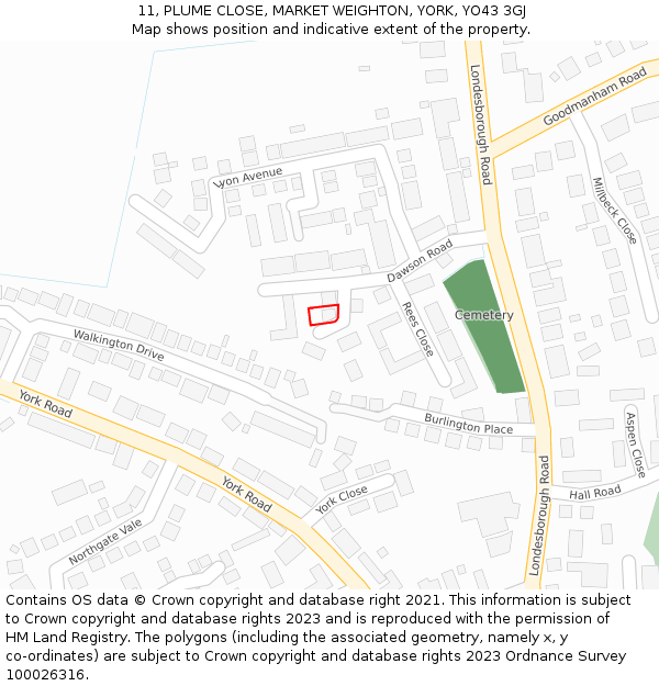 11, PLUME CLOSE, MARKET WEIGHTON, YORK, YO43 3GJ: Location map and indicative extent of plot