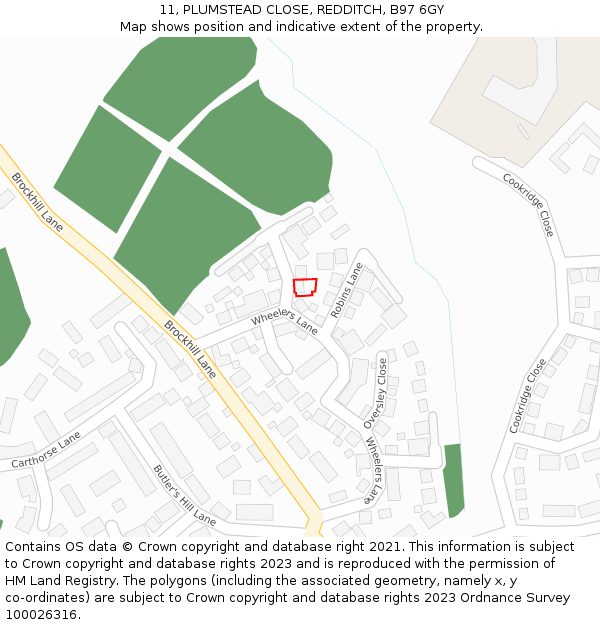 11, PLUMSTEAD CLOSE, REDDITCH, B97 6GY: Location map and indicative extent of plot