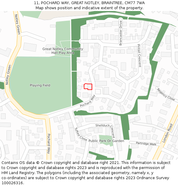 11, POCHARD WAY, GREAT NOTLEY, BRAINTREE, CM77 7WA: Location map and indicative extent of plot