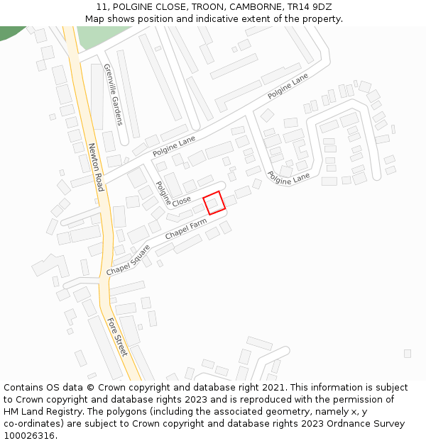 11, POLGINE CLOSE, TROON, CAMBORNE, TR14 9DZ: Location map and indicative extent of plot