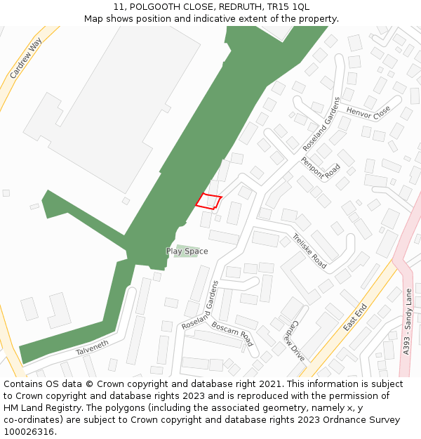11, POLGOOTH CLOSE, REDRUTH, TR15 1QL: Location map and indicative extent of plot