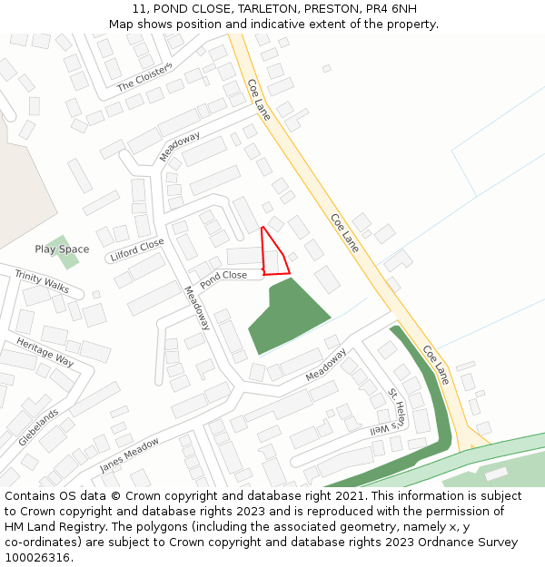 11, POND CLOSE, TARLETON, PRESTON, PR4 6NH: Location map and indicative extent of plot