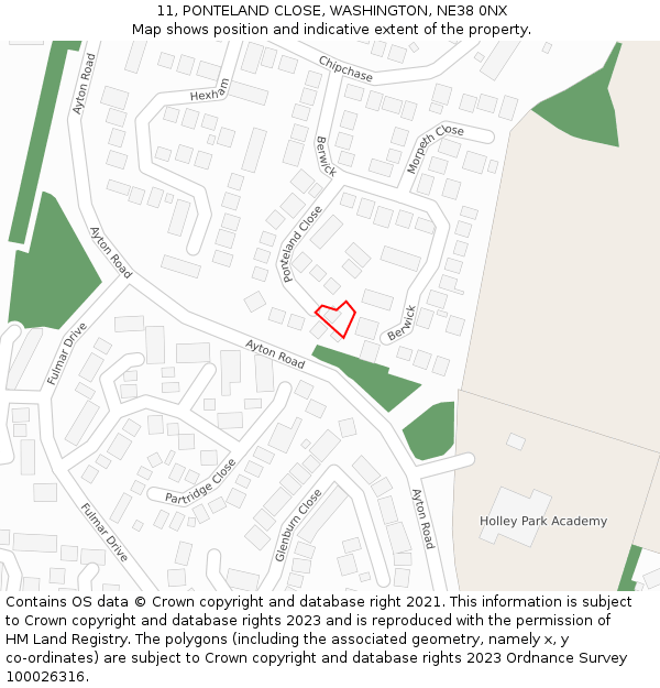 11, PONTELAND CLOSE, WASHINGTON, NE38 0NX: Location map and indicative extent of plot