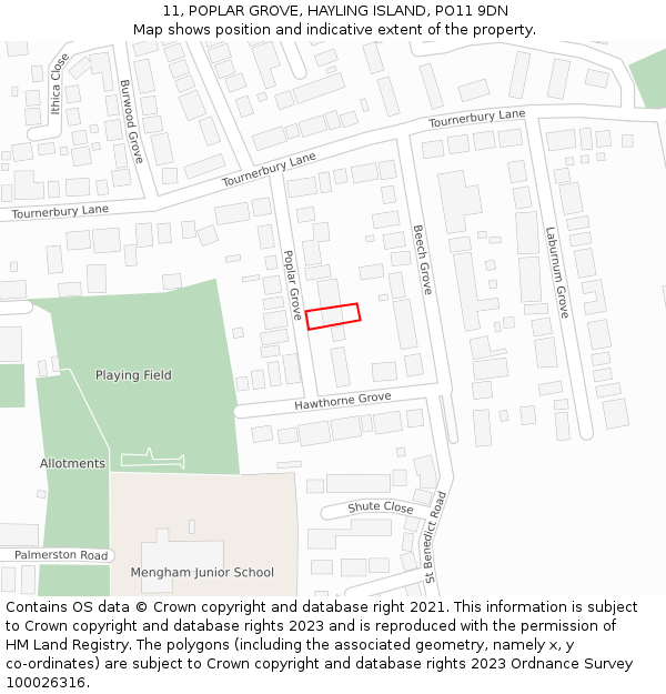 11, POPLAR GROVE, HAYLING ISLAND, PO11 9DN: Location map and indicative extent of plot