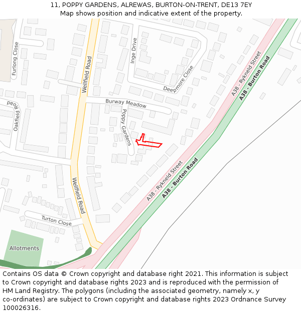 11, POPPY GARDENS, ALREWAS, BURTON-ON-TRENT, DE13 7EY: Location map and indicative extent of plot