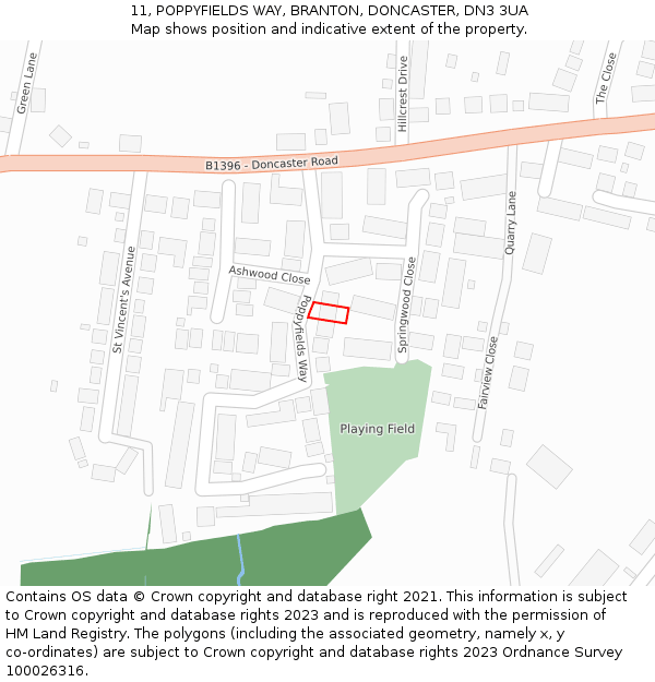 11, POPPYFIELDS WAY, BRANTON, DONCASTER, DN3 3UA: Location map and indicative extent of plot