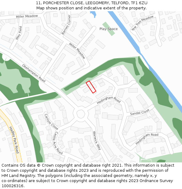 11, PORCHESTER CLOSE, LEEGOMERY, TELFORD, TF1 6ZU: Location map and indicative extent of plot