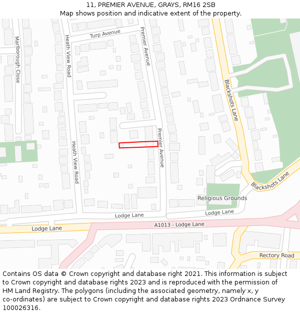 11, PREMIER AVENUE, GRAYS, RM16 2SB: Location map and indicative extent of plot