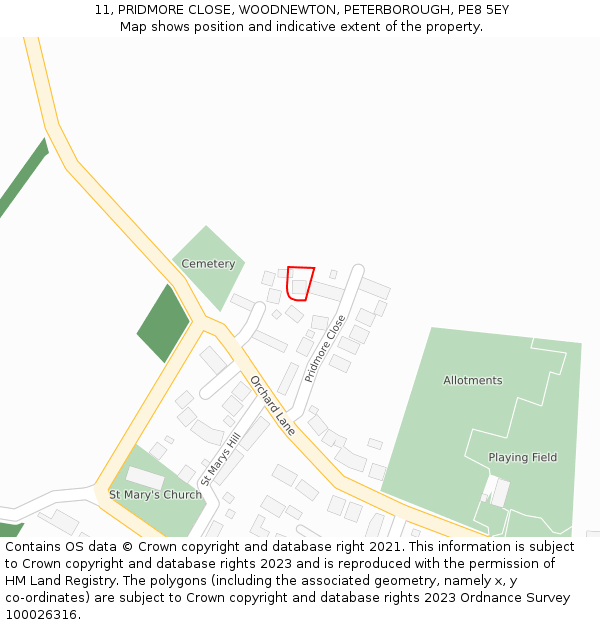 11, PRIDMORE CLOSE, WOODNEWTON, PETERBOROUGH, PE8 5EY: Location map and indicative extent of plot