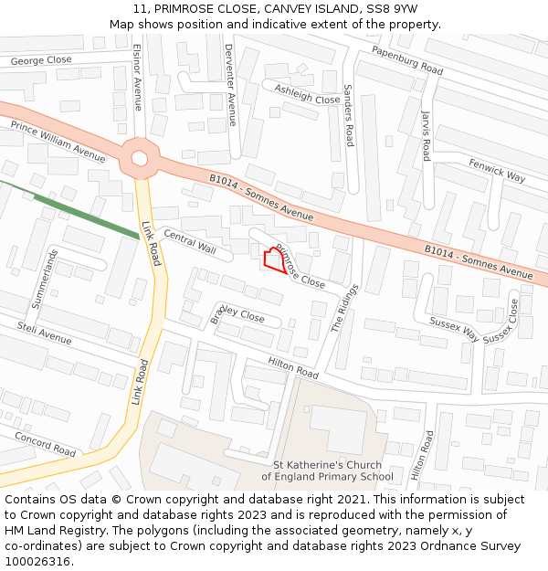 11, PRIMROSE CLOSE, CANVEY ISLAND, SS8 9YW: Location map and indicative extent of plot