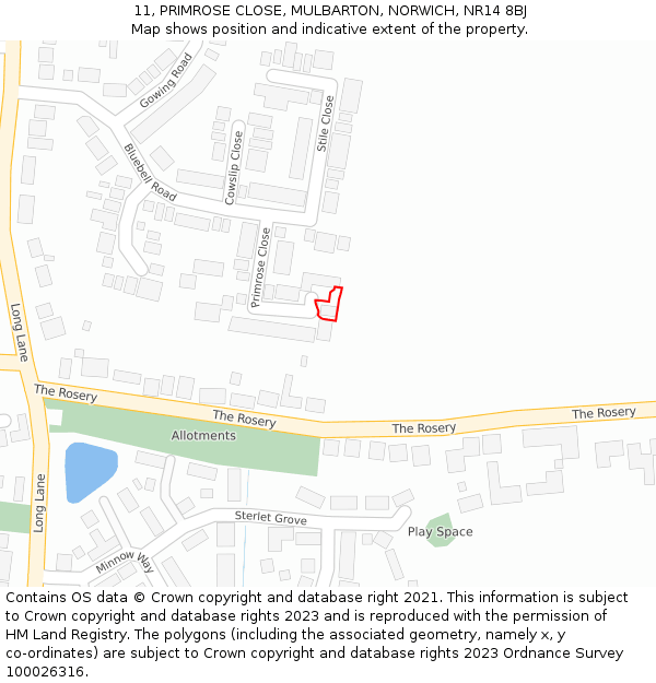 11, PRIMROSE CLOSE, MULBARTON, NORWICH, NR14 8BJ: Location map and indicative extent of plot