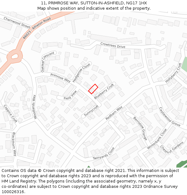 11, PRIMROSE WAY, SUTTON-IN-ASHFIELD, NG17 1HX: Location map and indicative extent of plot