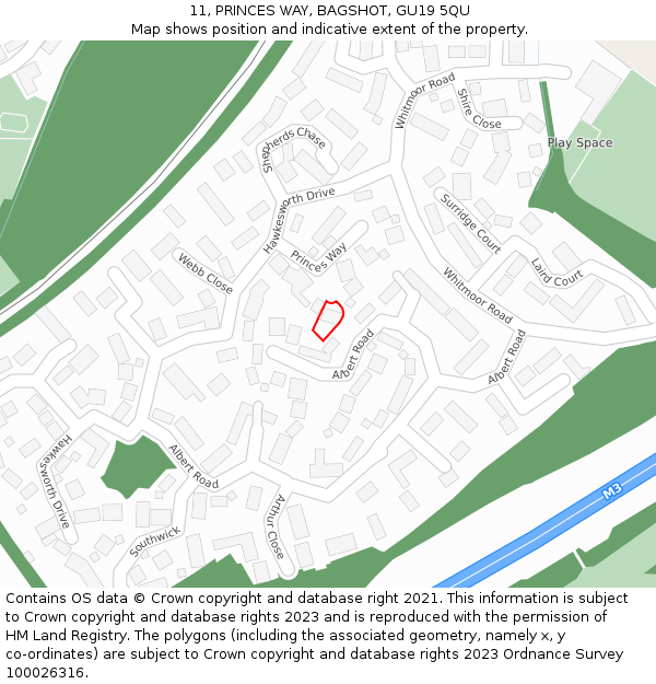 11, PRINCES WAY, BAGSHOT, GU19 5QU: Location map and indicative extent of plot