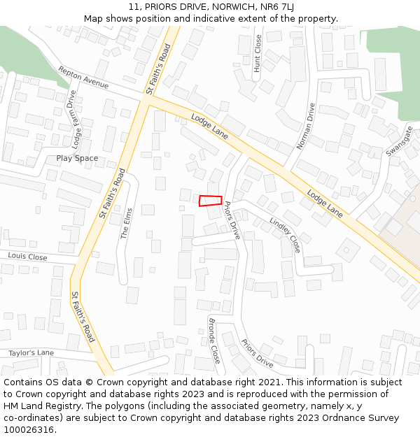 11, PRIORS DRIVE, NORWICH, NR6 7LJ: Location map and indicative extent of plot