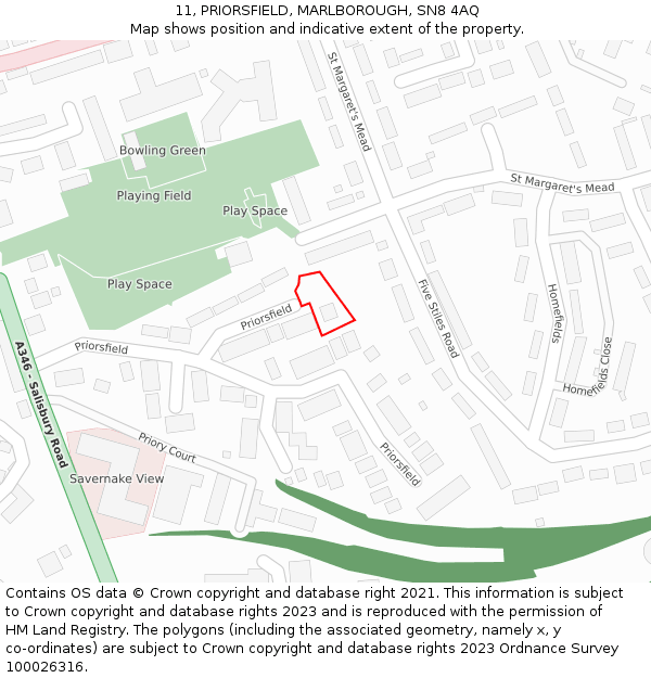 11, PRIORSFIELD, MARLBOROUGH, SN8 4AQ: Location map and indicative extent of plot