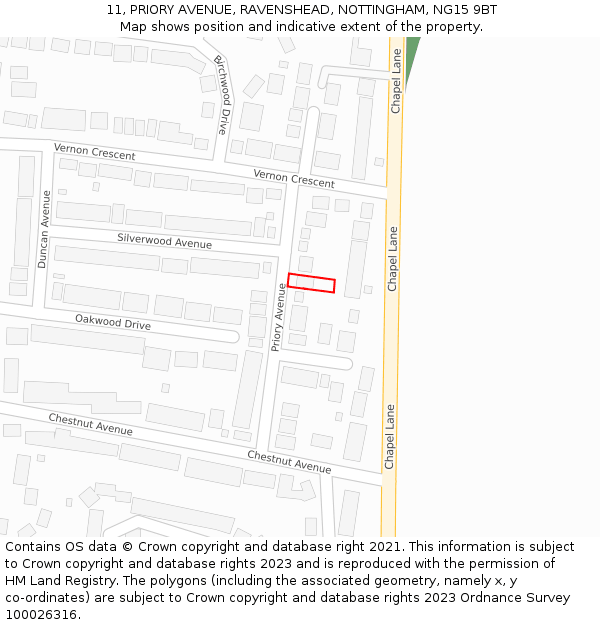 11, PRIORY AVENUE, RAVENSHEAD, NOTTINGHAM, NG15 9BT: Location map and indicative extent of plot