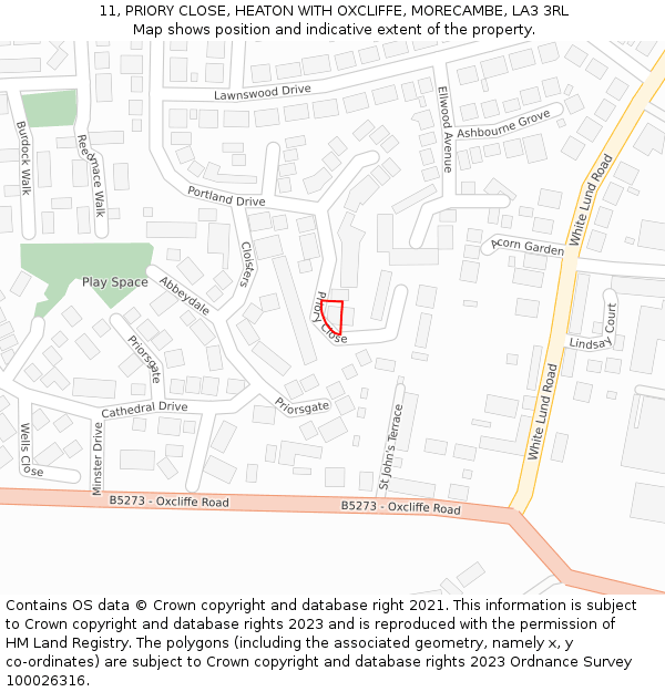 11, PRIORY CLOSE, HEATON WITH OXCLIFFE, MORECAMBE, LA3 3RL: Location map and indicative extent of plot