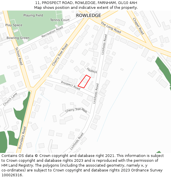 11, PROSPECT ROAD, ROWLEDGE, FARNHAM, GU10 4AH: Location map and indicative extent of plot