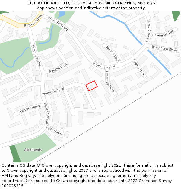 11, PROTHEROE FIELD, OLD FARM PARK, MILTON KEYNES, MK7 8QS: Location map and indicative extent of plot