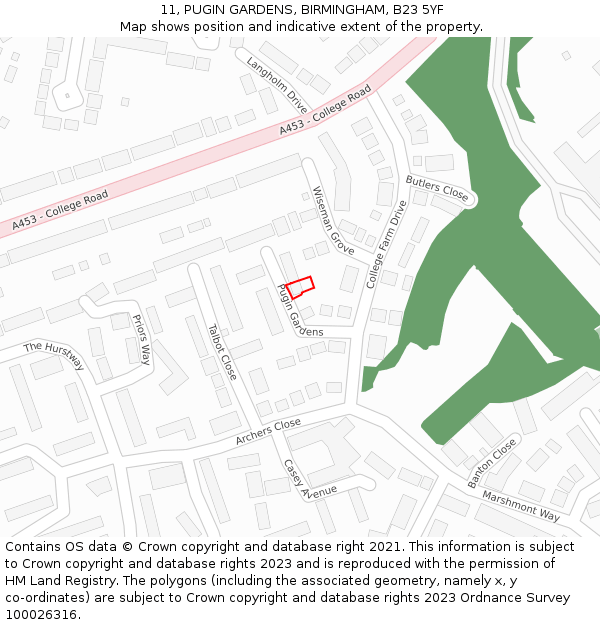 11, PUGIN GARDENS, BIRMINGHAM, B23 5YF: Location map and indicative extent of plot