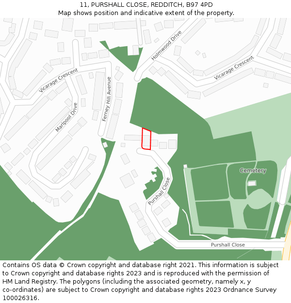 11, PURSHALL CLOSE, REDDITCH, B97 4PD: Location map and indicative extent of plot