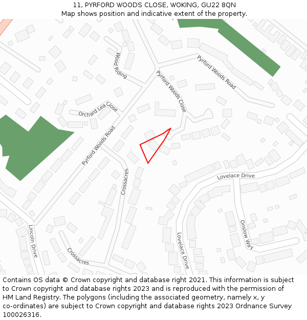 11, PYRFORD WOODS CLOSE, WOKING, GU22 8QN: Location map and indicative extent of plot