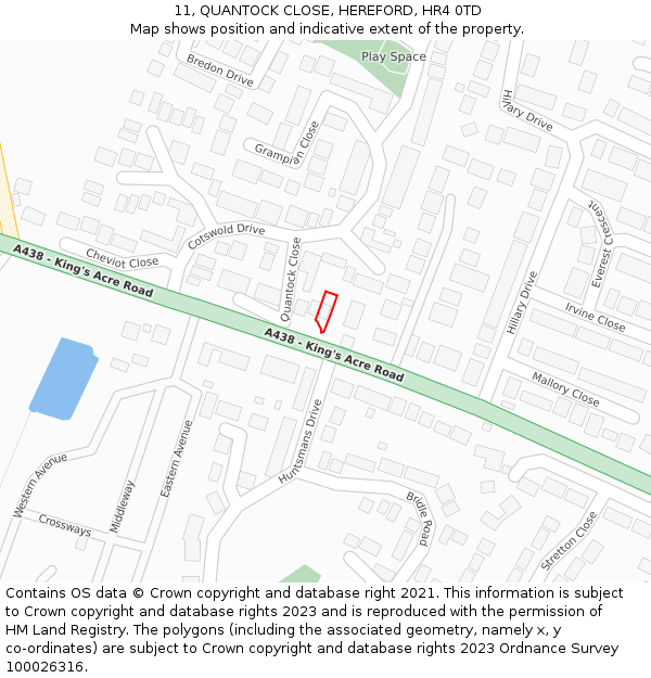 11, QUANTOCK CLOSE, HEREFORD, HR4 0TD: Location map and indicative extent of plot