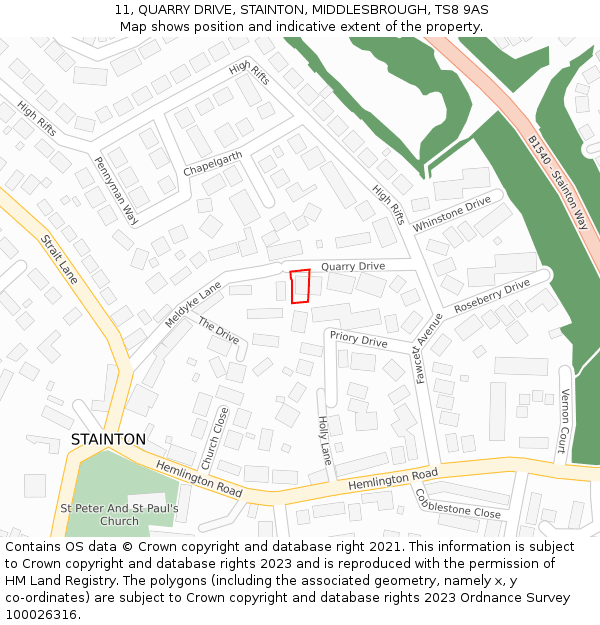 11, QUARRY DRIVE, STAINTON, MIDDLESBROUGH, TS8 9AS: Location map and indicative extent of plot