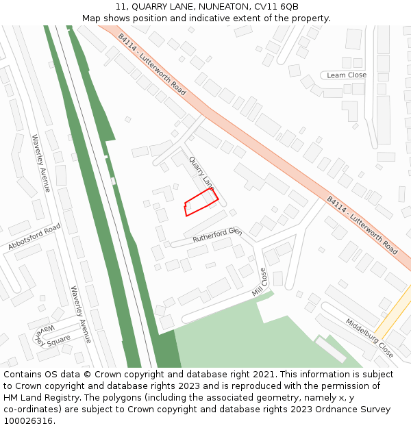 11, QUARRY LANE, NUNEATON, CV11 6QB: Location map and indicative extent of plot