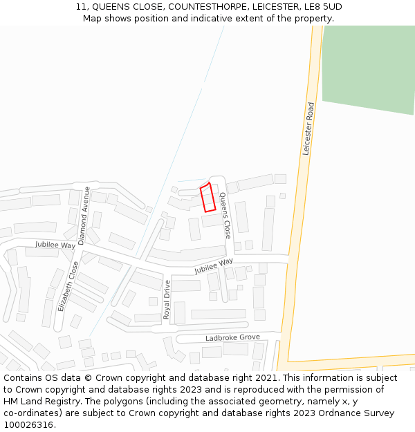 11, QUEENS CLOSE, COUNTESTHORPE, LEICESTER, LE8 5UD: Location map and indicative extent of plot