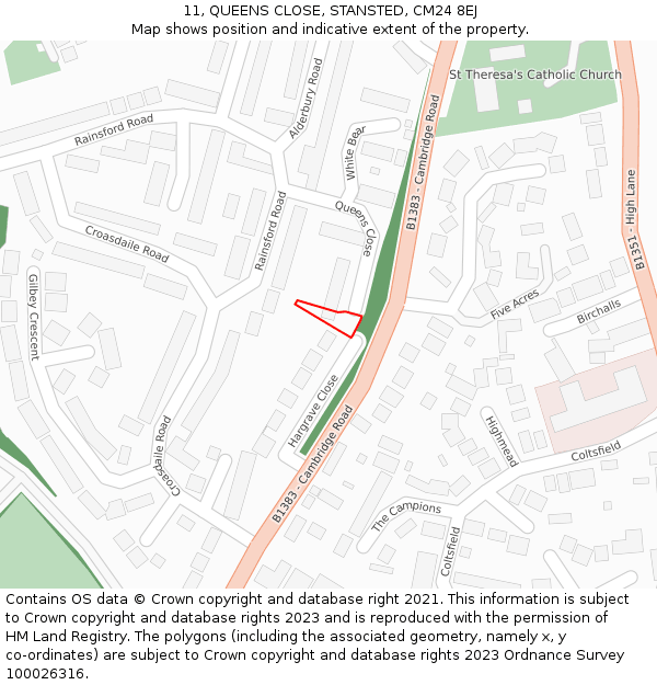 11, QUEENS CLOSE, STANSTED, CM24 8EJ: Location map and indicative extent of plot