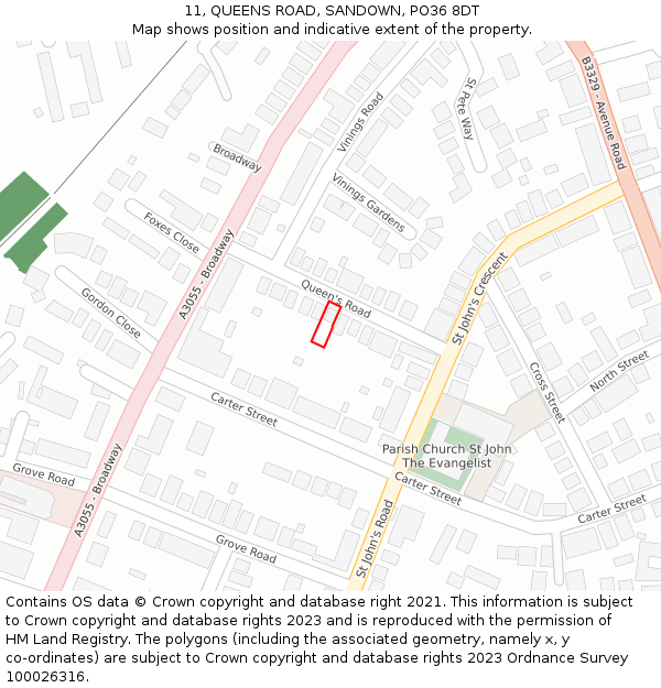 11, QUEENS ROAD, SANDOWN, PO36 8DT: Location map and indicative extent of plot