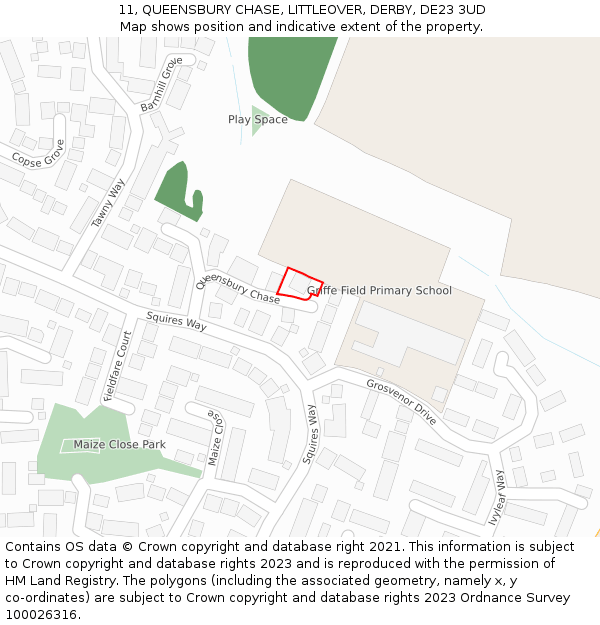 11, QUEENSBURY CHASE, LITTLEOVER, DERBY, DE23 3UD: Location map and indicative extent of plot