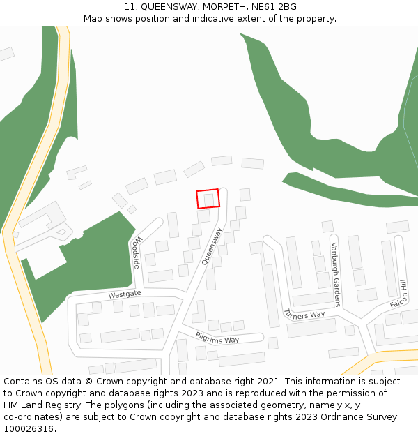 11, QUEENSWAY, MORPETH, NE61 2BG: Location map and indicative extent of plot
