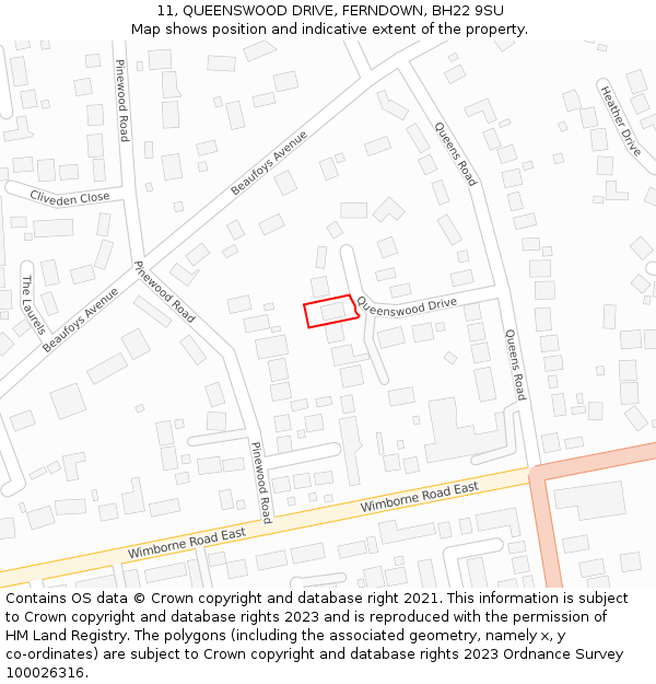 11, QUEENSWOOD DRIVE, FERNDOWN, BH22 9SU: Location map and indicative extent of plot