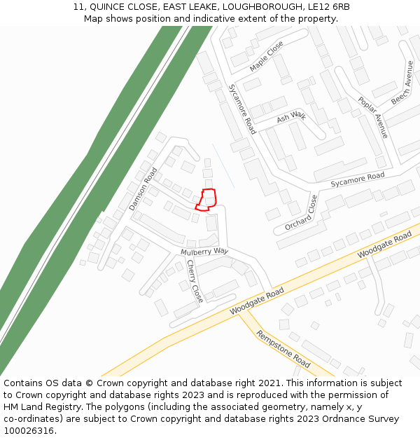 11, QUINCE CLOSE, EAST LEAKE, LOUGHBOROUGH, LE12 6RB: Location map and indicative extent of plot