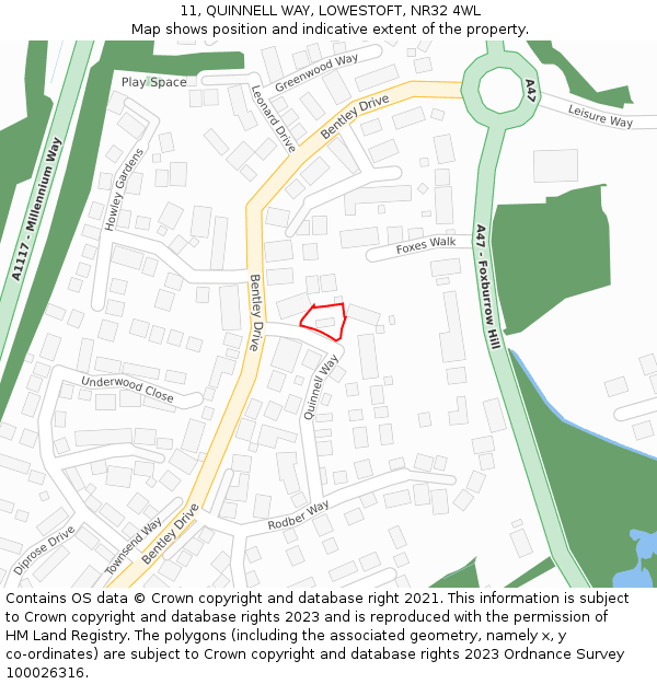 11, QUINNELL WAY, LOWESTOFT, NR32 4WL: Location map and indicative extent of plot