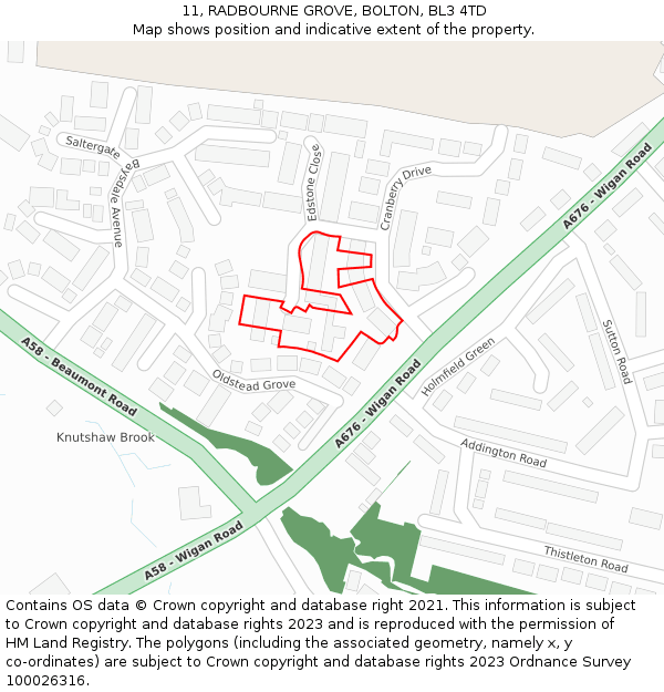 11, RADBOURNE GROVE, BOLTON, BL3 4TD: Location map and indicative extent of plot