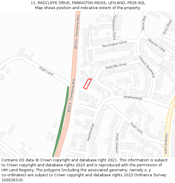 11, RADCLIFFE DRIVE, FARINGTON MOSS, LEYLAND, PR26 6QL: Location map and indicative extent of plot