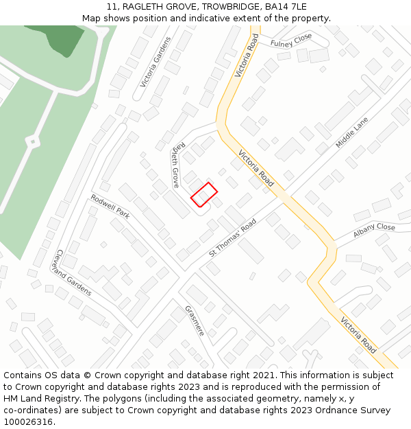 11, RAGLETH GROVE, TROWBRIDGE, BA14 7LE: Location map and indicative extent of plot