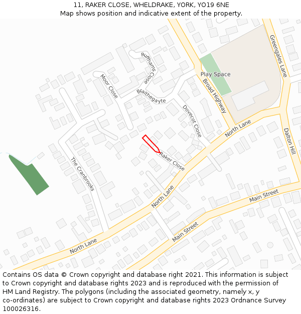 11, RAKER CLOSE, WHELDRAKE, YORK, YO19 6NE: Location map and indicative extent of plot