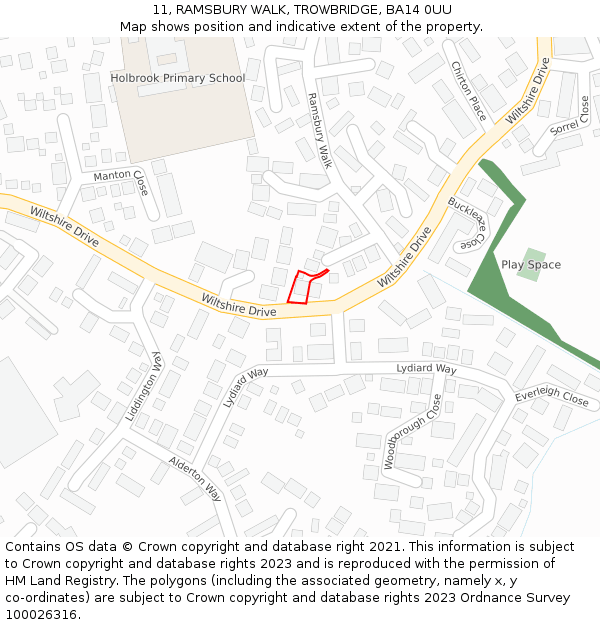 11, RAMSBURY WALK, TROWBRIDGE, BA14 0UU: Location map and indicative extent of plot